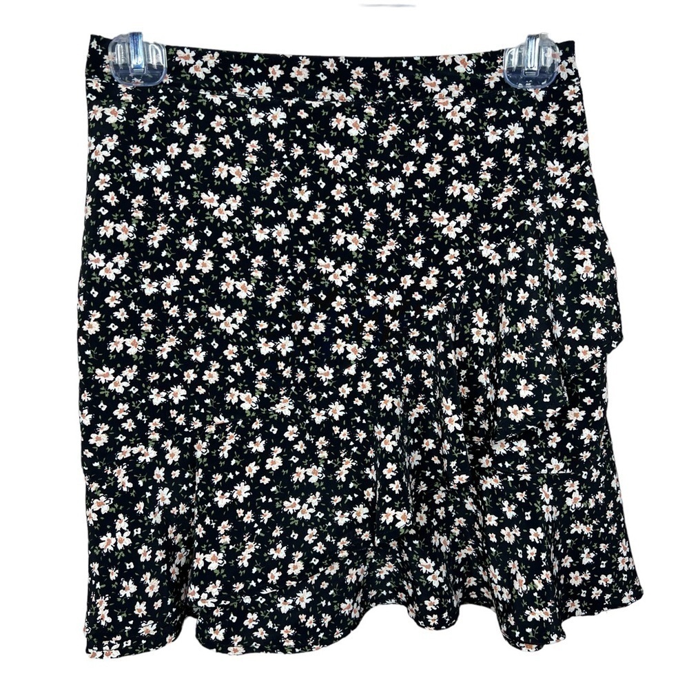 XS Originality Black Floral Ruffle Skirt Mini A Line Peasant Colorful